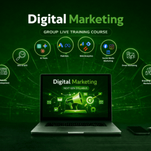 Digital marketing group live training course syllabus including AI tools, SEO, GEO, paid ads, social media, and web analytics