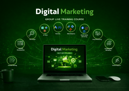 Digital marketing group live training course syllabus including AI tools, SEO, GEO, paid ads, social media, and web analytics
