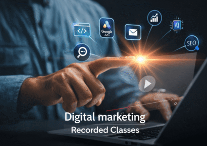 Digital marketing recorded classes with AI tools, SEO, Google Ads, email marketing, and analytics training on laptop