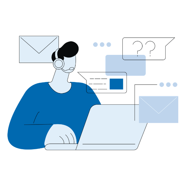 Digital marketing support illustration showing online communication, email marketing, and customer interaction using laptop